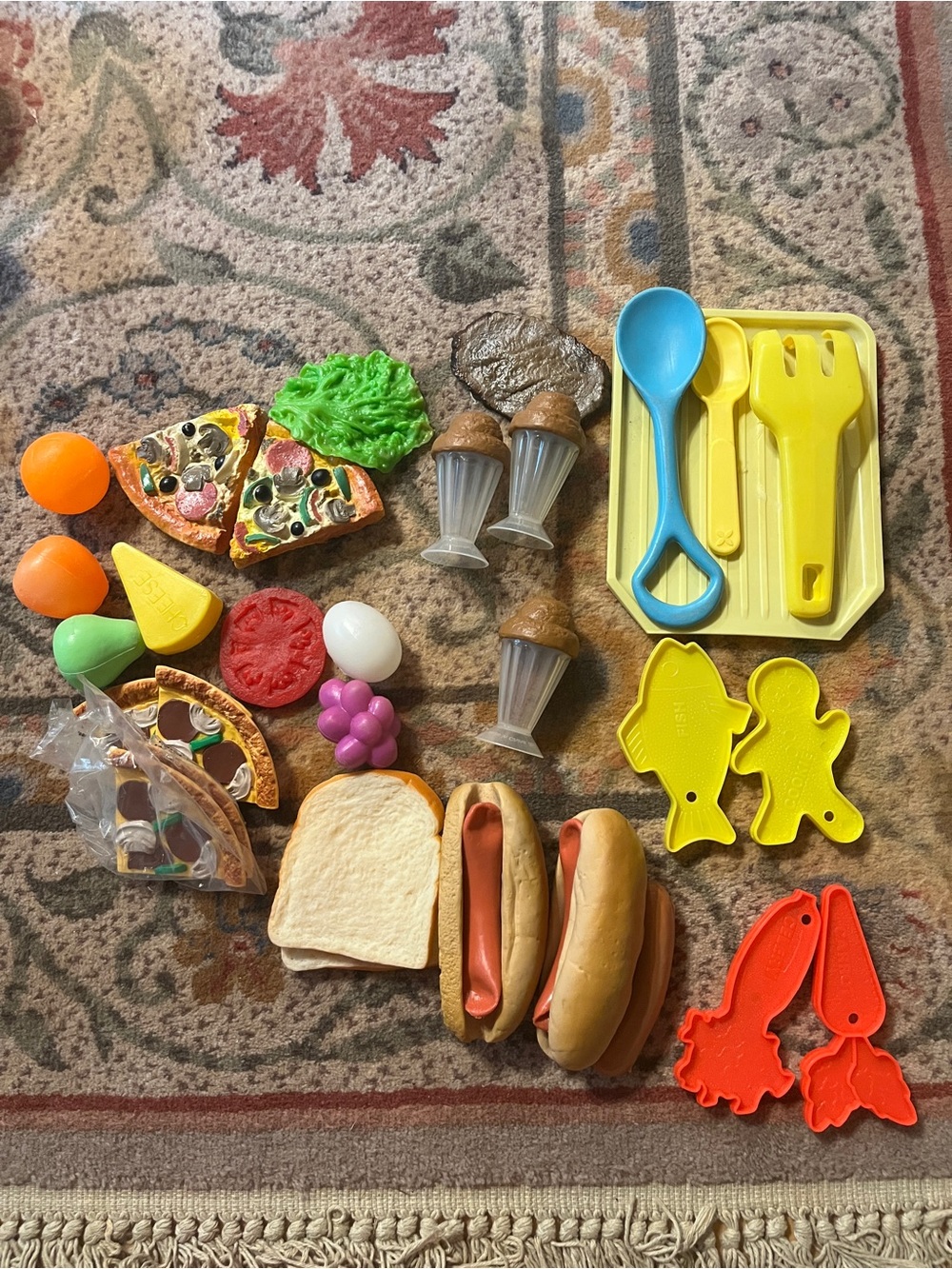 vintage 90s variety of play food (30) ,tray, spoon and hand rake